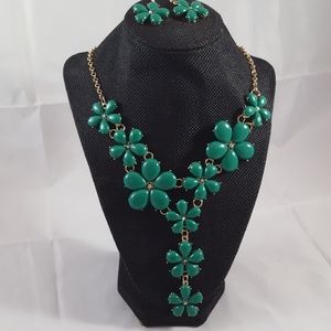 Green Bead Flower Statement Necklace Set